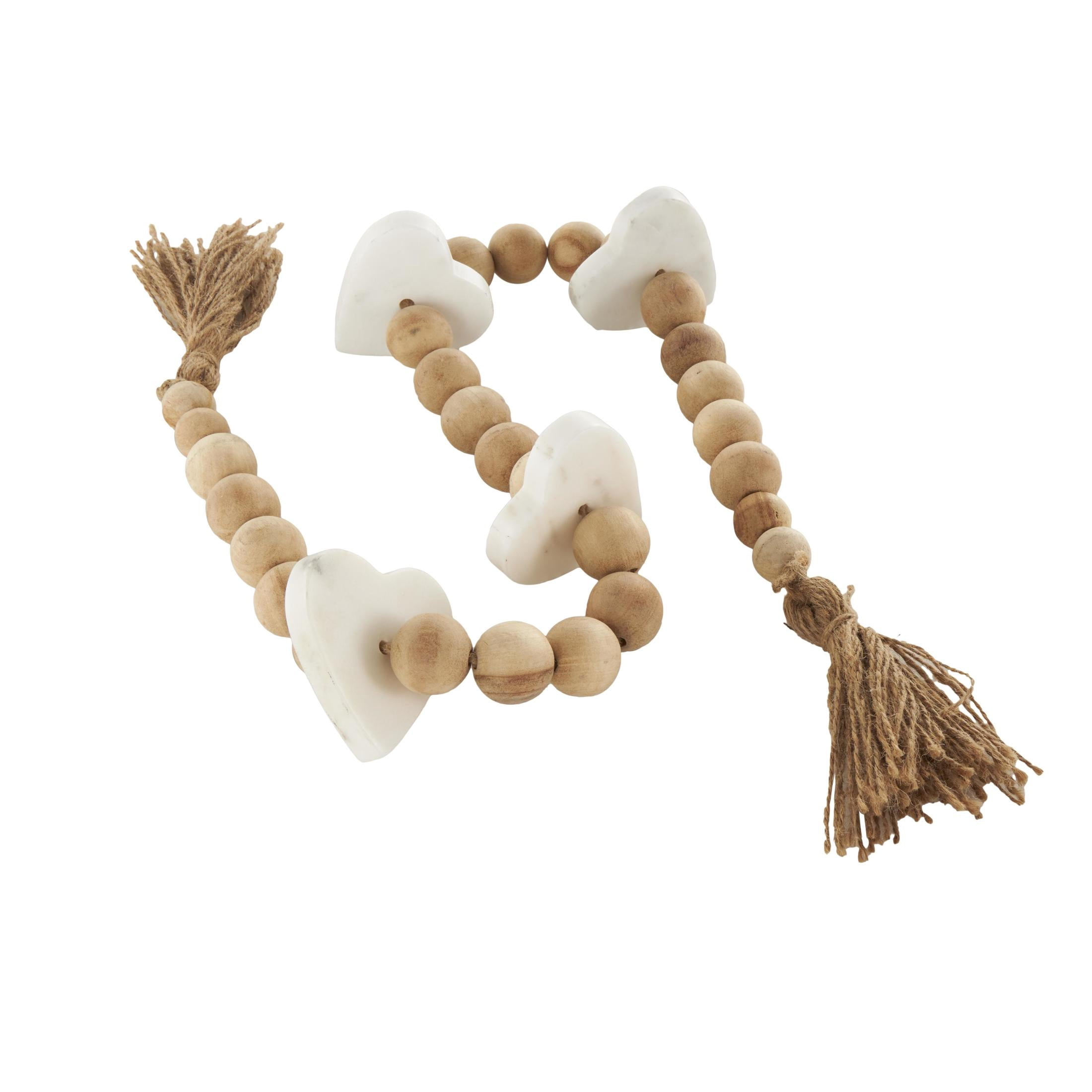 DecMode Handmade Light Brown Marble Heart Garland with Tassel with Knotted Brown Jute and White Accents