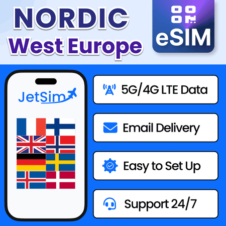 JetSim Bring Your Own Phone eSIM SIM Card Kit for Nordic + West Europe (France, UK, More)- Activation Required
