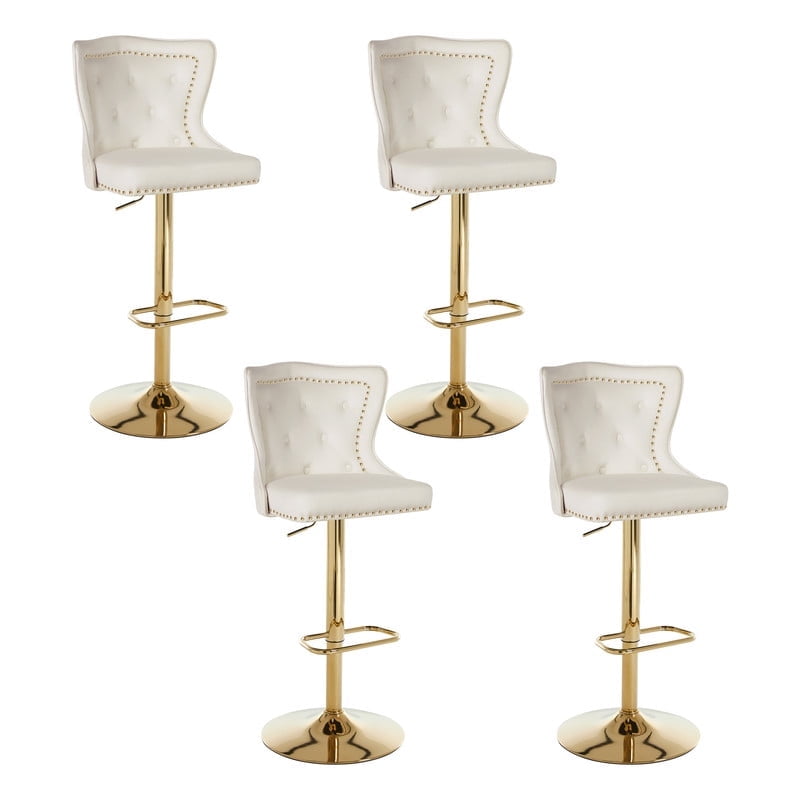 Bar Stools Set of 4, Adjustable Velvet Counter Bar Stools with Botton Tufted Back Swivel Upholstered Comfy Chairs Lion Head Pull Ring Gold Base for Kitchen Island, Dining Room, Cream
