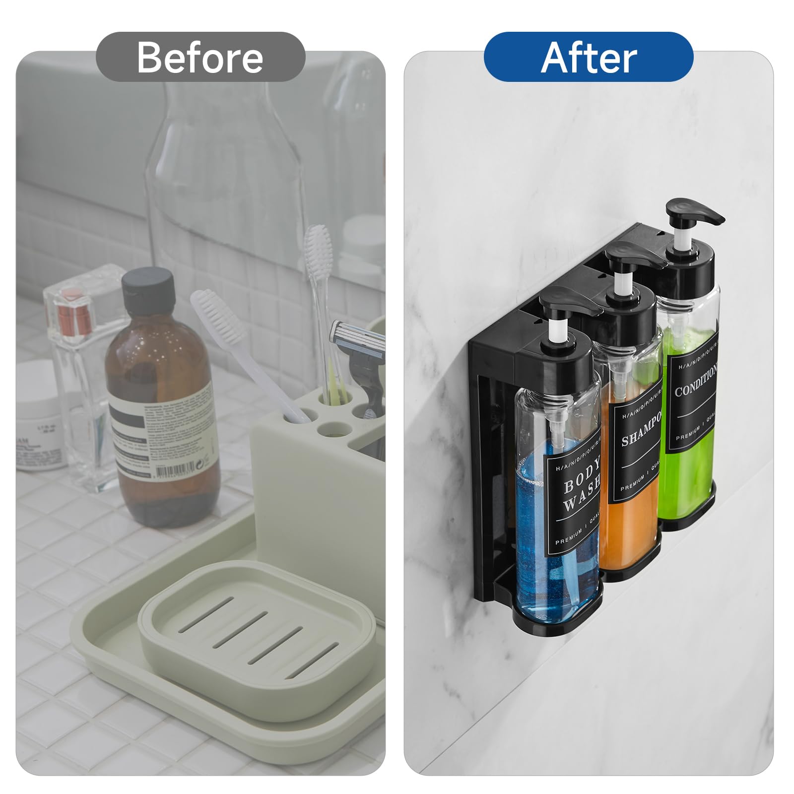 Shampoo and Conditioner Dispenser,Shower Soap Dispenser 3 Chamber No Drill Wall-Mounted Large Capacity