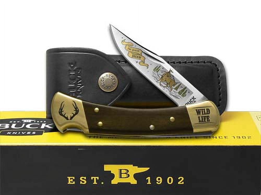 Buck 110 Wild Life Series Deer Ebony Wood Folding Hunter 420HC Stainless Pocket Knife