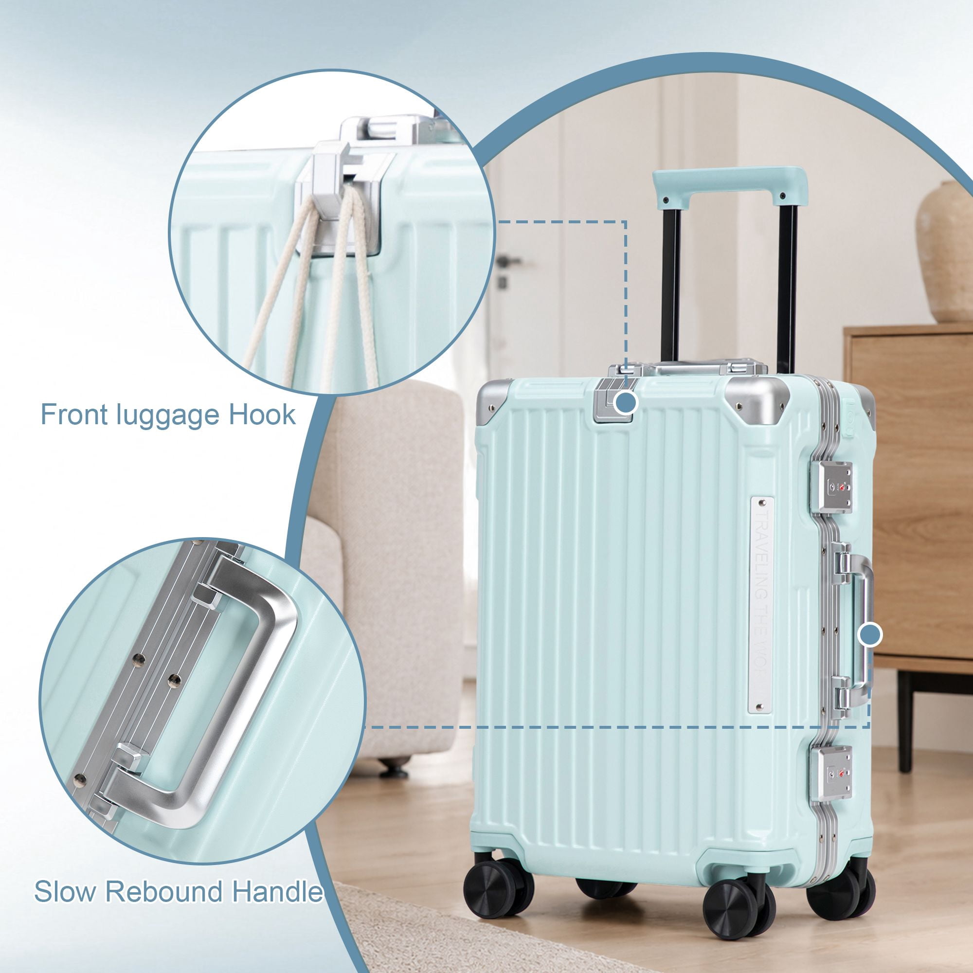 Alvantor Carry On Luggage 20" Hardside Luggage with Cup holder, Charging Port, Hook Blue