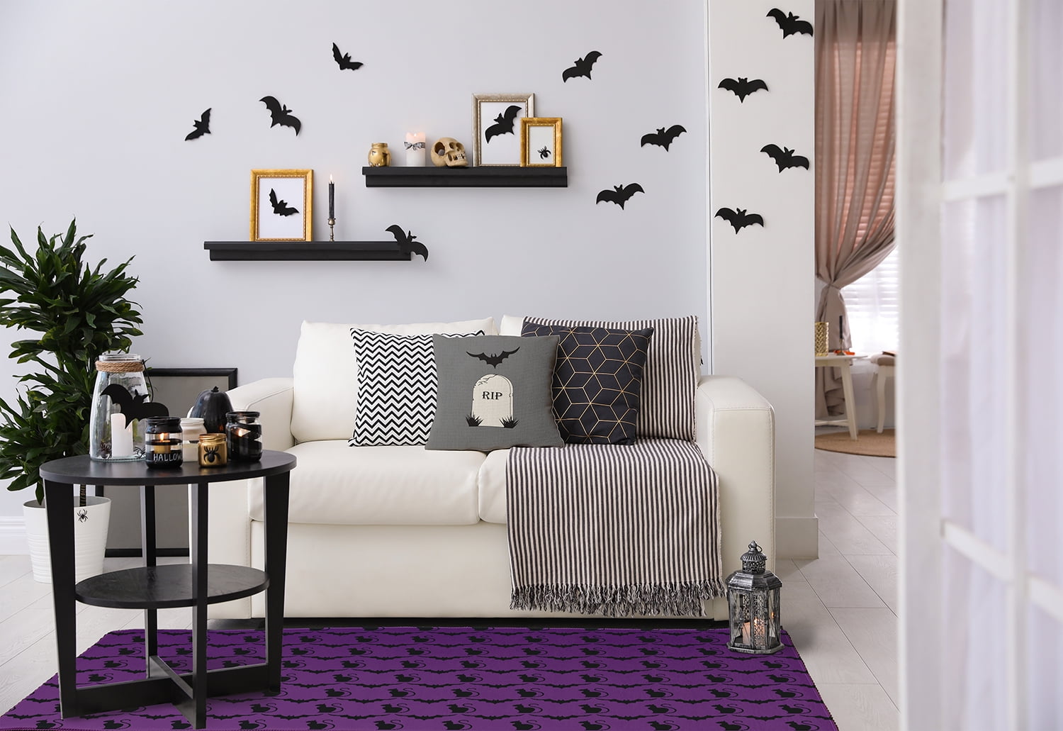 Simply Daisy Cats and Bats Amethyst Halloween Chenille Area Rug, 3' x 5'
