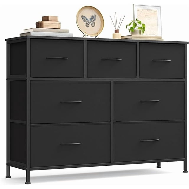 SONGMICS HOME Cómoda para recámara, cómoda, Soporte de TV, Acero, MDF, 7 cajones de Tela no Tejida, Unidad organizadora de Almacenamiento, clóset, Entrada, Tinta Negra y Negro ébano
