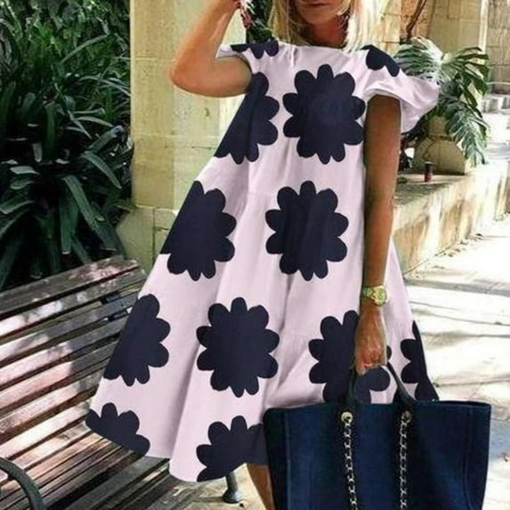 ClodeEU Women'S Deep O-Neck Tshirts Dresses Summer Short Sleeve Floral Print Dress Pink 4(S)