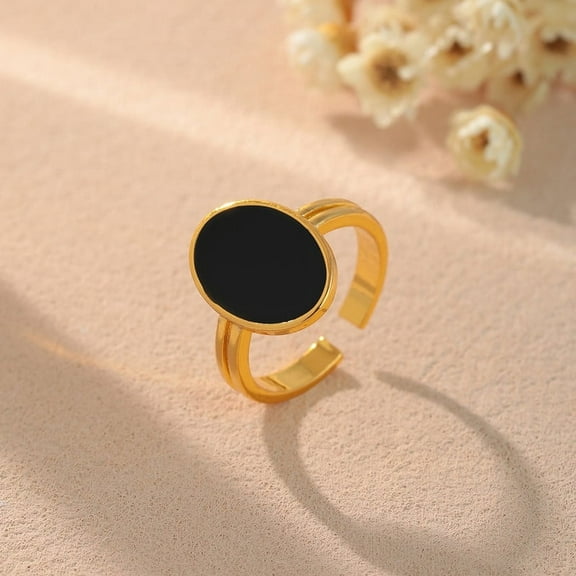 14K Gold - Plated Adjustable Black Oval Ring - Minimalist & Chic