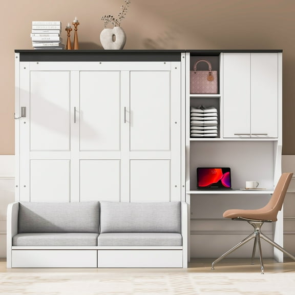 Euroco Wood Full Size Murphy Bed with Sofa and Desk, Wall Bed with Storage Cabinets, White
