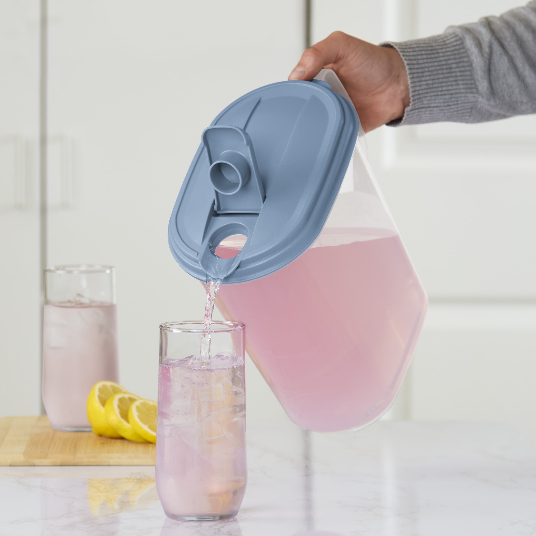 (3 pack) Sterilite, Pitcher, 1 Gallon Pitcher, Clear Plastic, Flip-top Spout, Light Blue, plastic, 1 gal, perfect for chilled drink preparation.