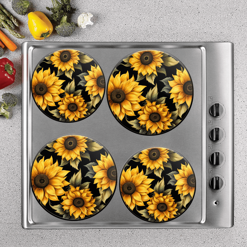 Bahomeck Electric Stove Burner Covers Set Of 4,Seamless Pattern Of Sunflowers On Black Background Metal Gas Stove Burner Covers,Protecting Gas Stoves,8 Inch And 10 Inch