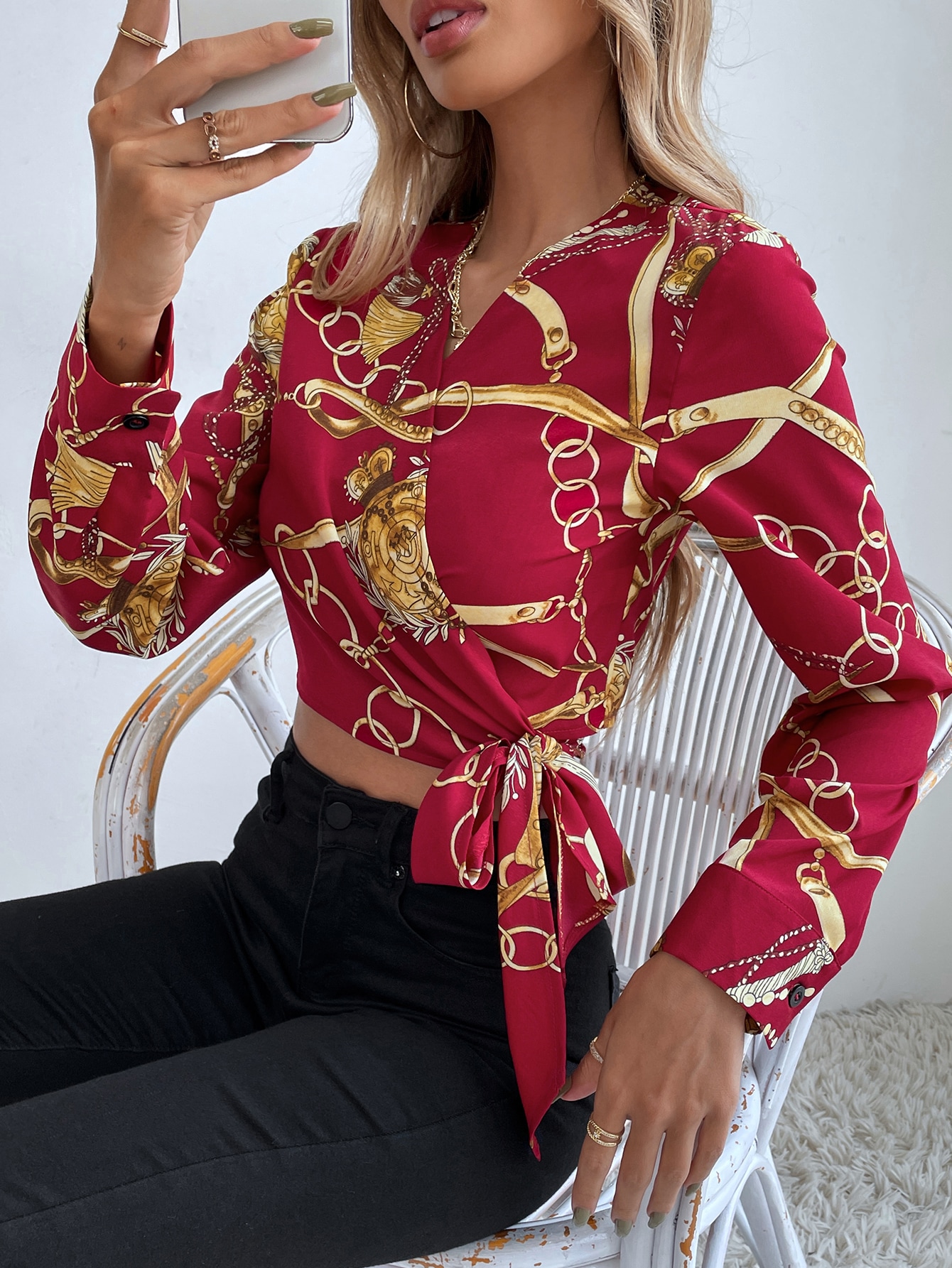 Red Chain Print Wrap V Neck Crop Blouse 