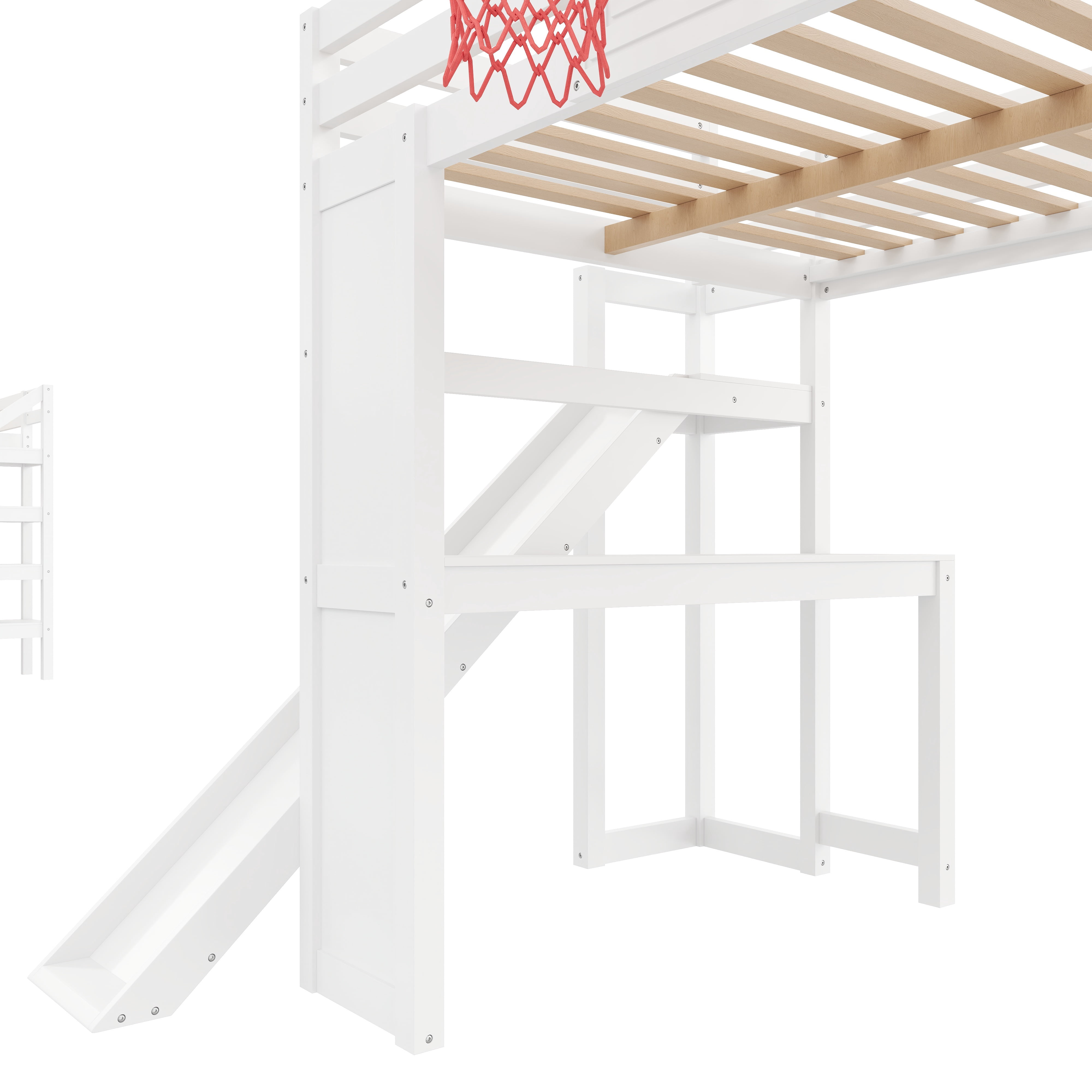 Euroco Wood Full Size Loft Bed with Desk and Shelves, Storage Bed with Basketball Hoop and Slide, White