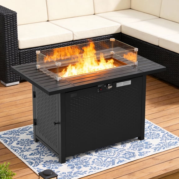 Dkelincs 43" Propane Fire Pit Table with Glass Wind Guard, 2-in-1 Rectangular Outdoor Patio Fire Table Smokeless Gas Firepit for Garden Backyard, Black