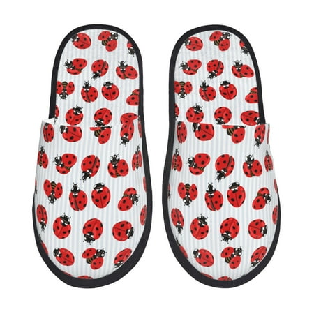 Balery Ladybug On Blue Stripes Slient Indoor Furry Fleece Comfort House Shoes Soft Non-Slip Home Shoes Cotton slippers House Slippers-- Medium