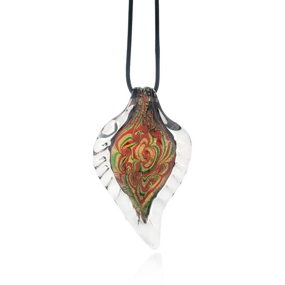 Besheek Murano Inspired Clear Goldtone Leaf Red/Green Blown Glass Pendant