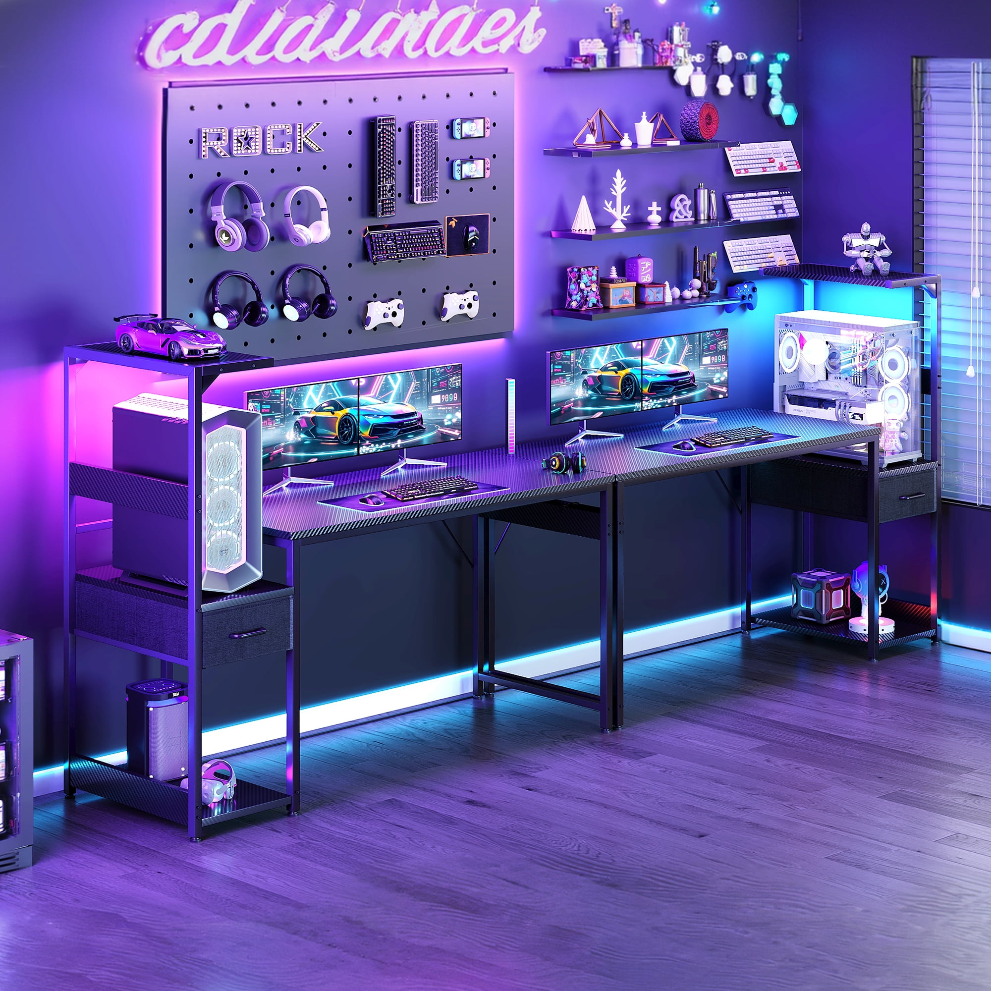 54" Gaming Desk with LED Lights & Storage Drawer, Reversible Computer Desk with Headphone Hook, Carbon Fiber Black