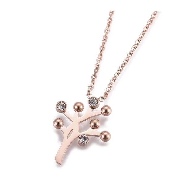 Stainless Steel Pendant Necklace Rhinestone Tree Gold 16" 1.5Mm Z441
