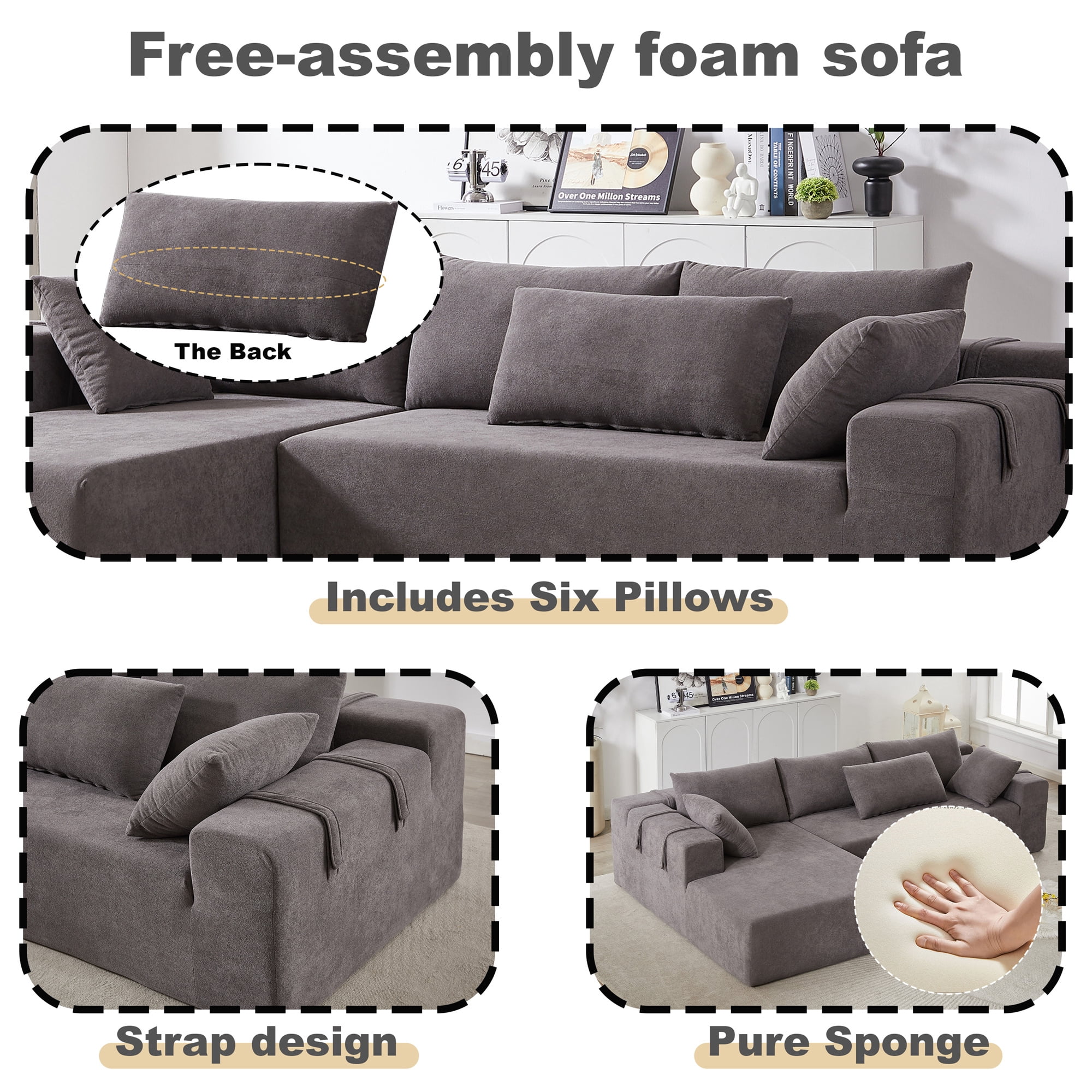 Aukfa 108" Modular Sectional Couch, Deep Seat Cloud Sofa with 6 Pillows, No Assembly, Left Chaise, Gray