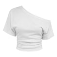 thumbnail image 4 of JIAYUE Womens Summer Tops Fashion Short Sleeve Off The Shoulder Asymmetrical Neck Solid Color Pleated Slim Fit Casual Vacation Female Cozy Tee, 4 of 4