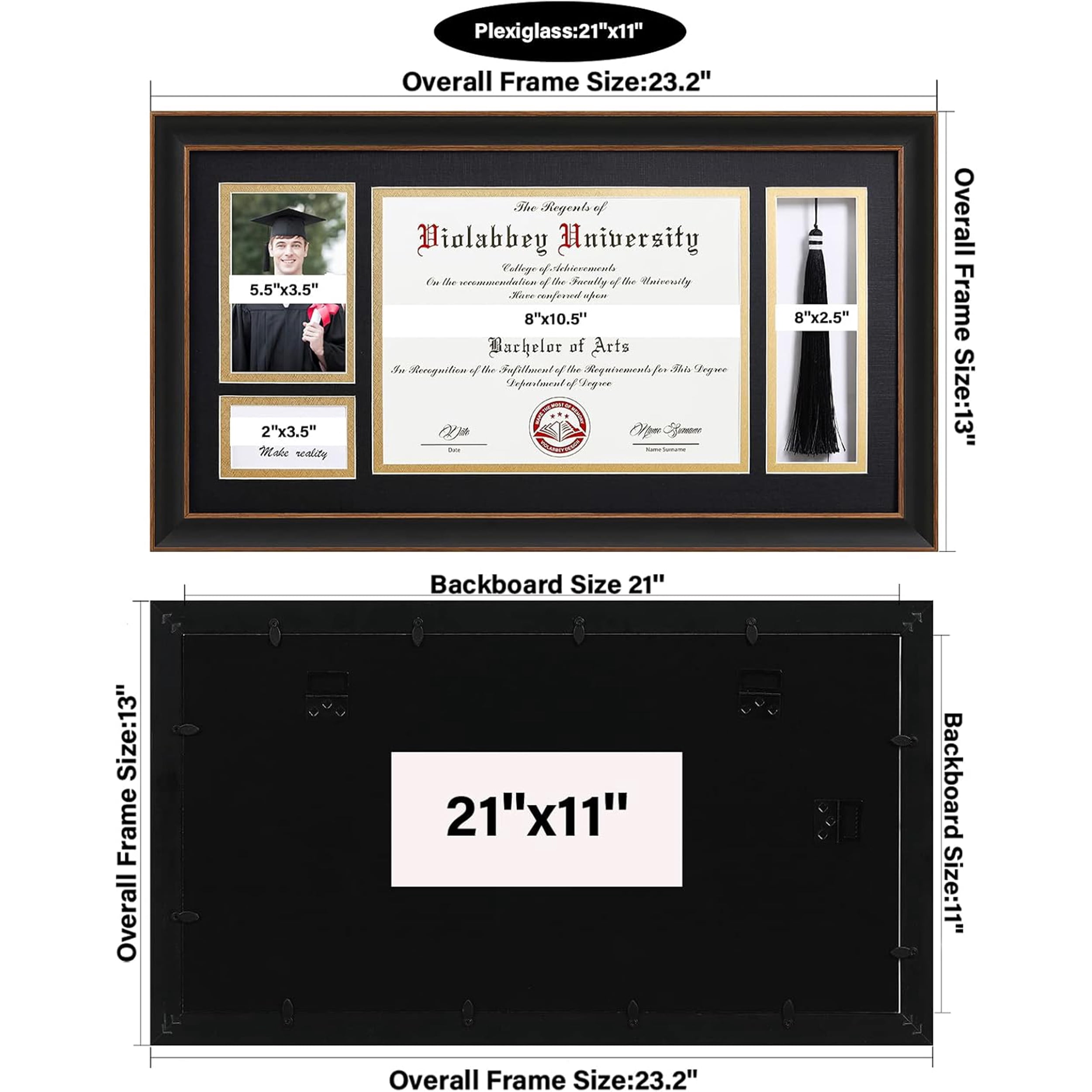 VIOLABBEY Black Diploma Frame with Tassel Holder for 8.5x11 Certificates Document and 4x6 Graduation Pictures, College Degree Frame for Wall Mounted (Black Gold Double Mat)