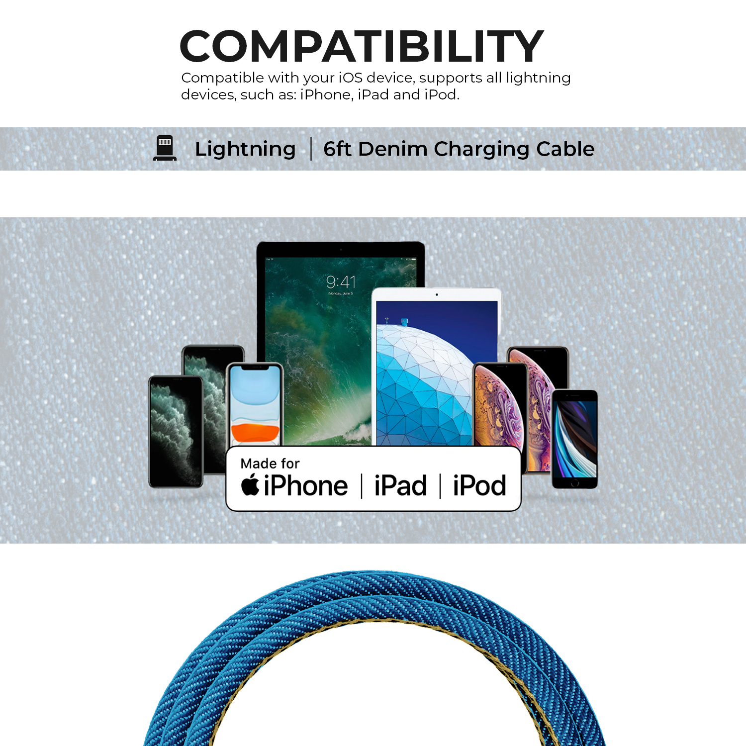 Liquipel Powertek Denim Lightning Cable, 6 ft, Blue photo 6