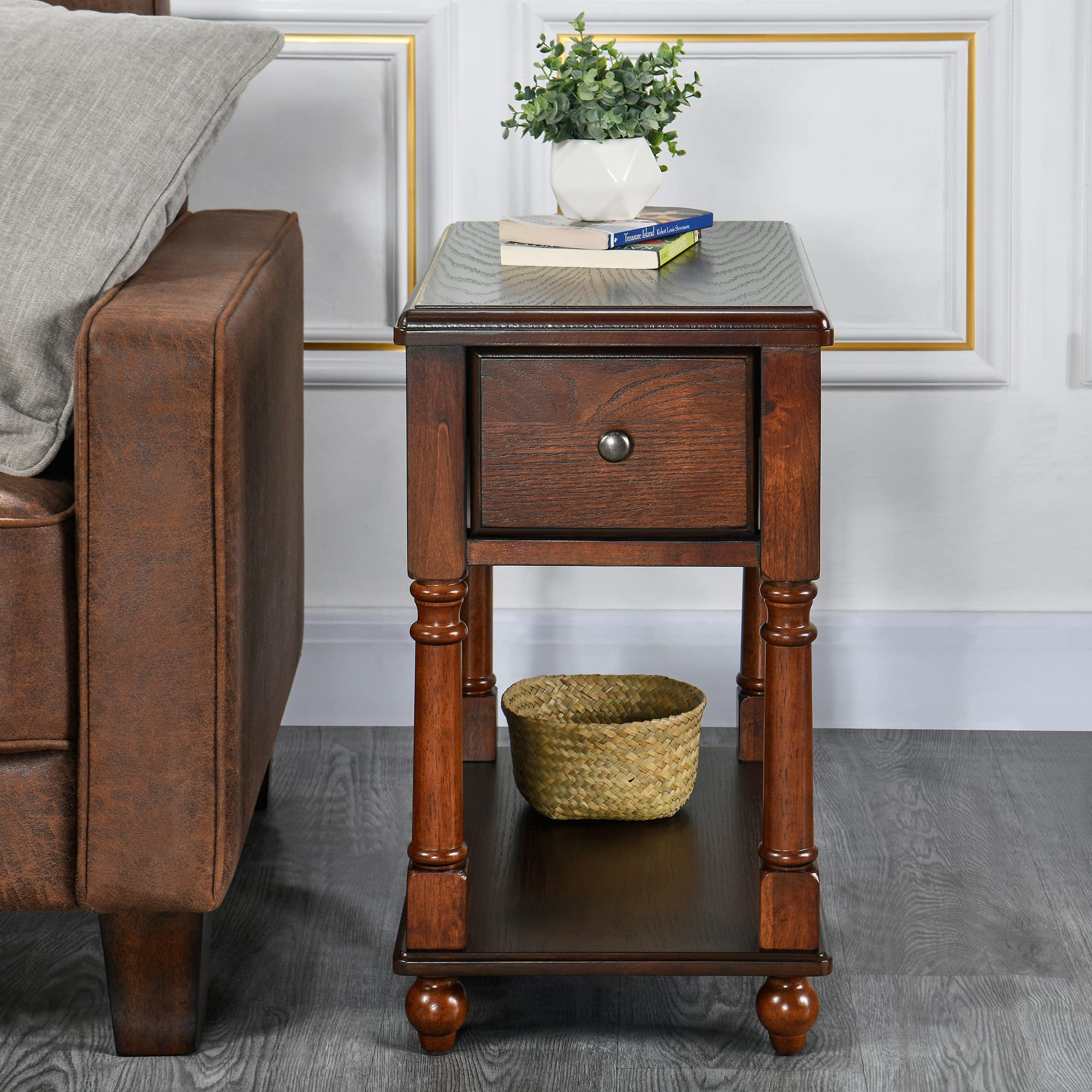 JESONVID Narrow Open End Table with Drawer, Solid Wood Side Table 2-Tier Skinny Table with Storage Shelves Slim Nightstand Small Sofa End Table for Living Room Bedroom-Mahogany 004DWA