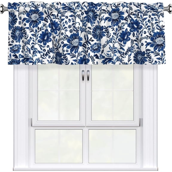 Navy Elegant Floral Kitchen Window Curtain 54"x18", Blue White Vintage Chinoiserie Flower Valance Farmhouse Window Treatment Rod Pocket Valances for Bedroom Bathroom Decor
