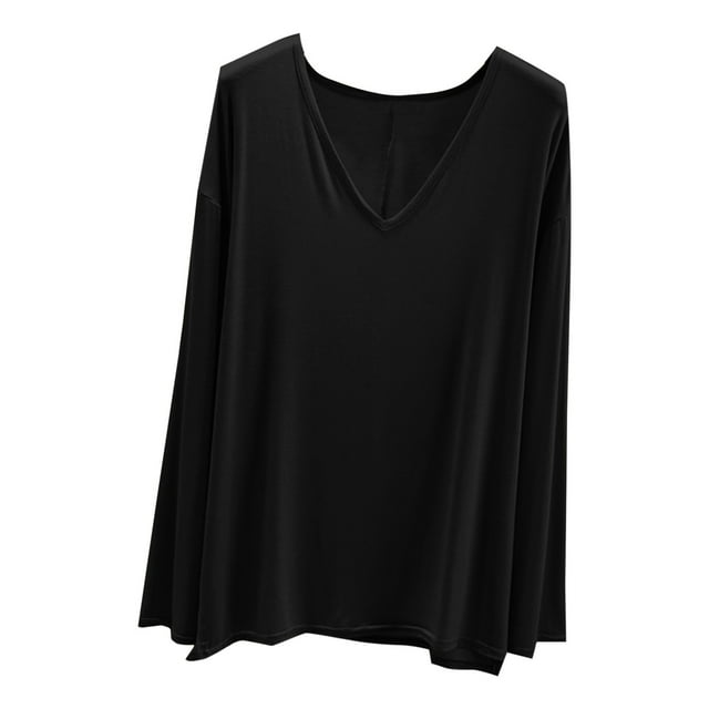 MeetoTime V Neck Long Sleeve Shirts for Women Comfortable Loose Tops Solid Color Lounge Tops Pullover