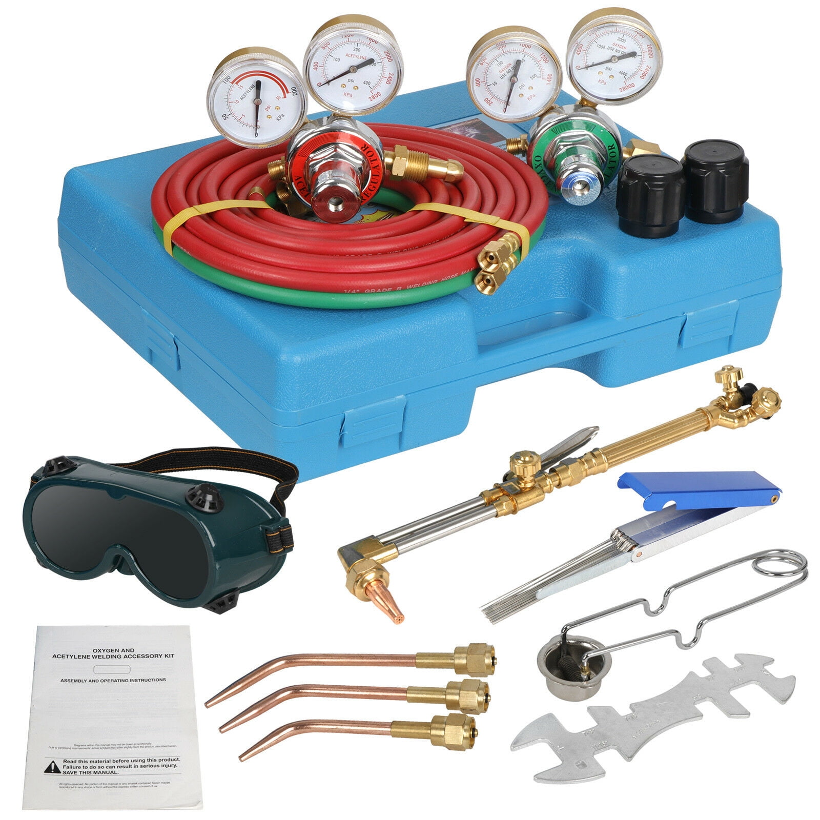 Gas Cutting Torch and Welding Kit Portable Oxy Brazing Welder Tool Set for Oxygen & Acetylene with Two Hose,Regulator Gauges,Storage Case 