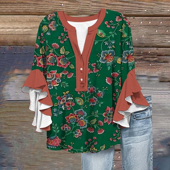 Bovemsi Women's 3/4 Sleeve V Neck Lace Trim Button Up Top - Casual Bubble Wrinkles Blouse with Relaxed Fit, Green, L