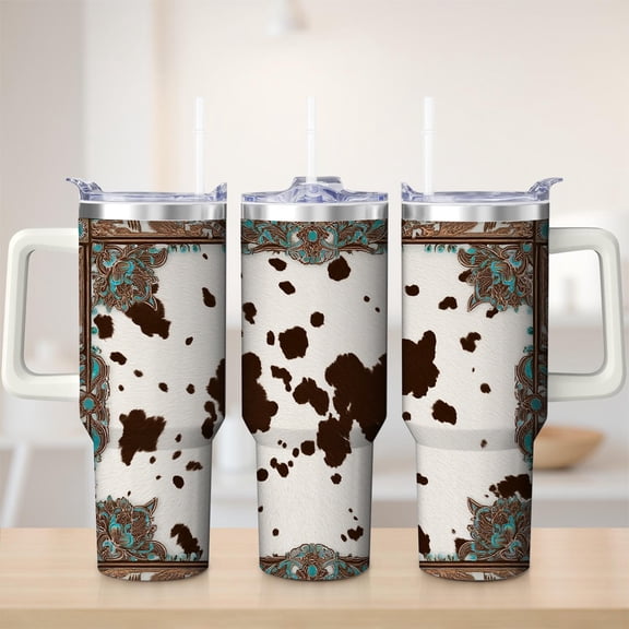 Cowhide Pattern Stainless Steel Insulated Mug with Lid and Handle, 30oz