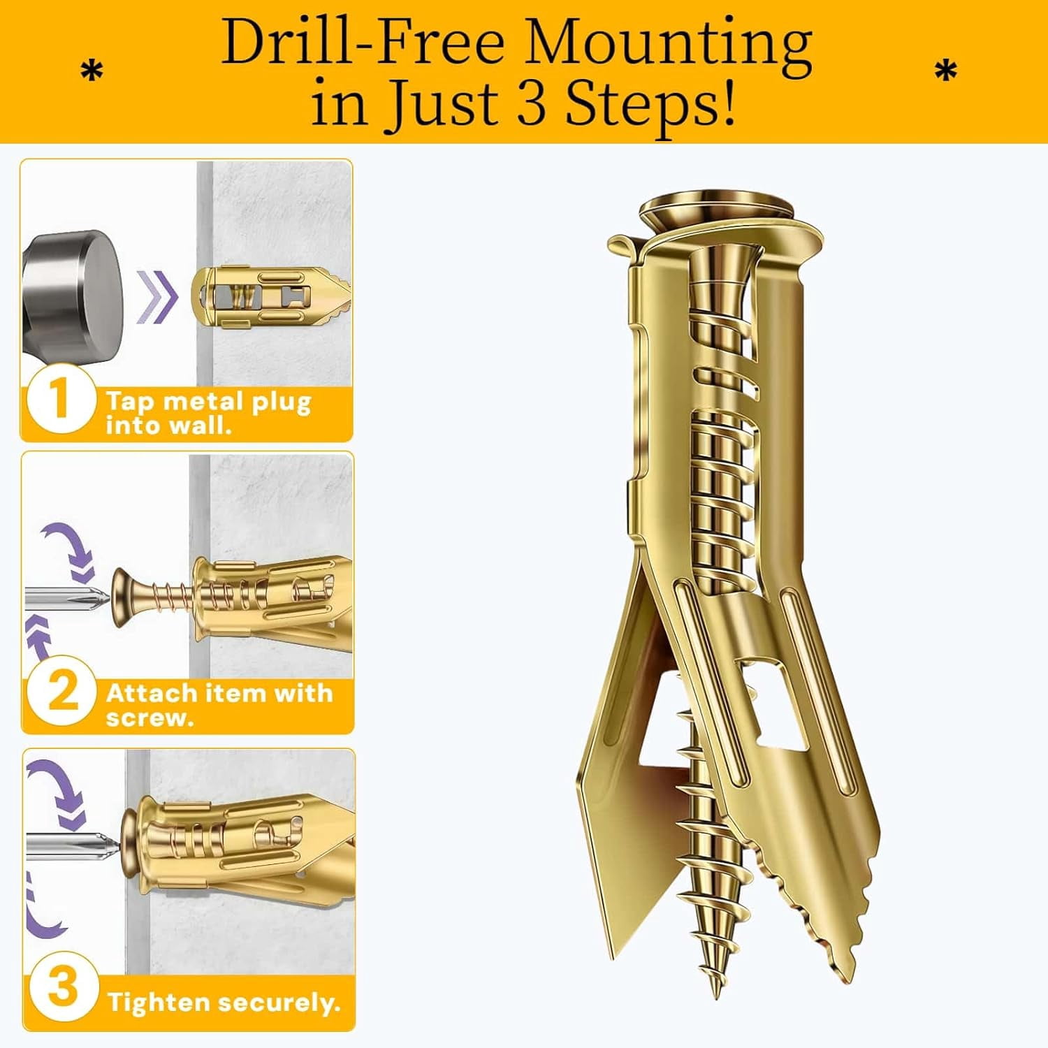 Self Drilling Drywall Anchors with Screws Kit 400Pcs-200 Sheetrock Anchors 200 Zinc Expansion Screws New Upgraded Zinc Plated Steel No Drill or Holes in Wall,for Wall Hanging,Cabinets