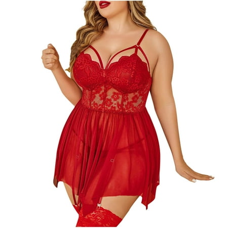 DISKEBUISS Women Lingerie Floral Lace Sheer Sexy Solid Color Plus Size Nightgown