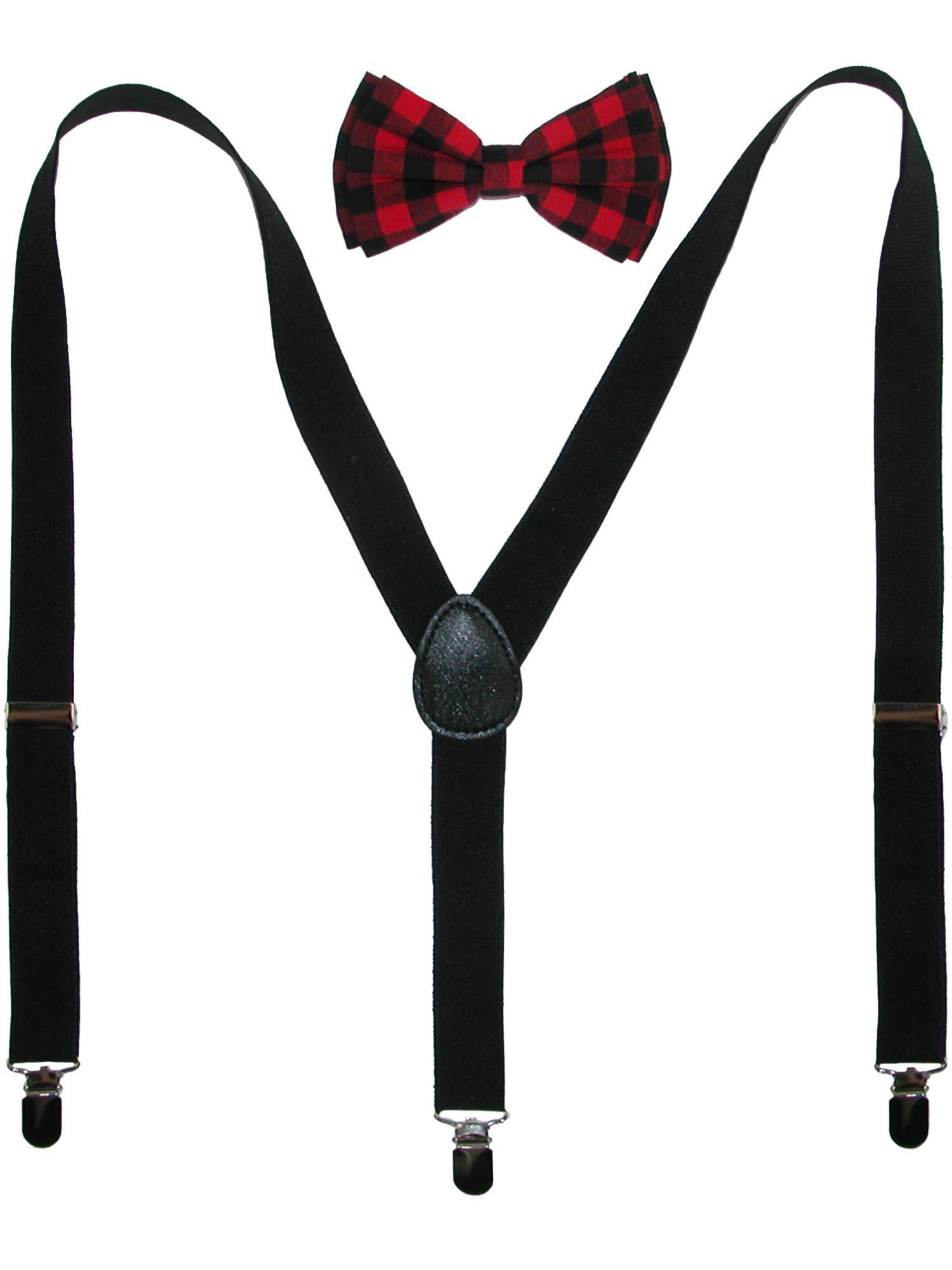 CTM Mens Plaid Print Bow Tie with Solid Suspender Set 