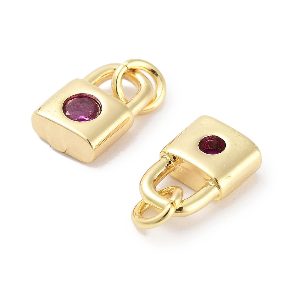 Brass Micro Pave Cubic Zirconia Charms Cadmium Free Nickel Free Lead Free with Jump Ring Lock Real 18K Gold Plated Medium Violet Red 9x5.5x2.5mm