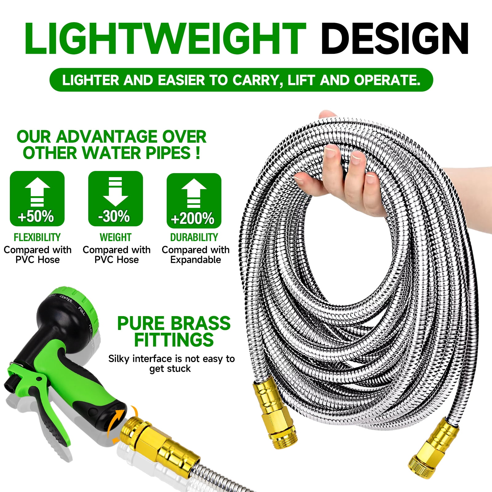 LOVFEN 25FT Garden Hose Metal heavy duty stainless steel with 9 function nozzles Kit, no twist, flexible lightweight hose for yard, outdoor, RV, pet cleaning