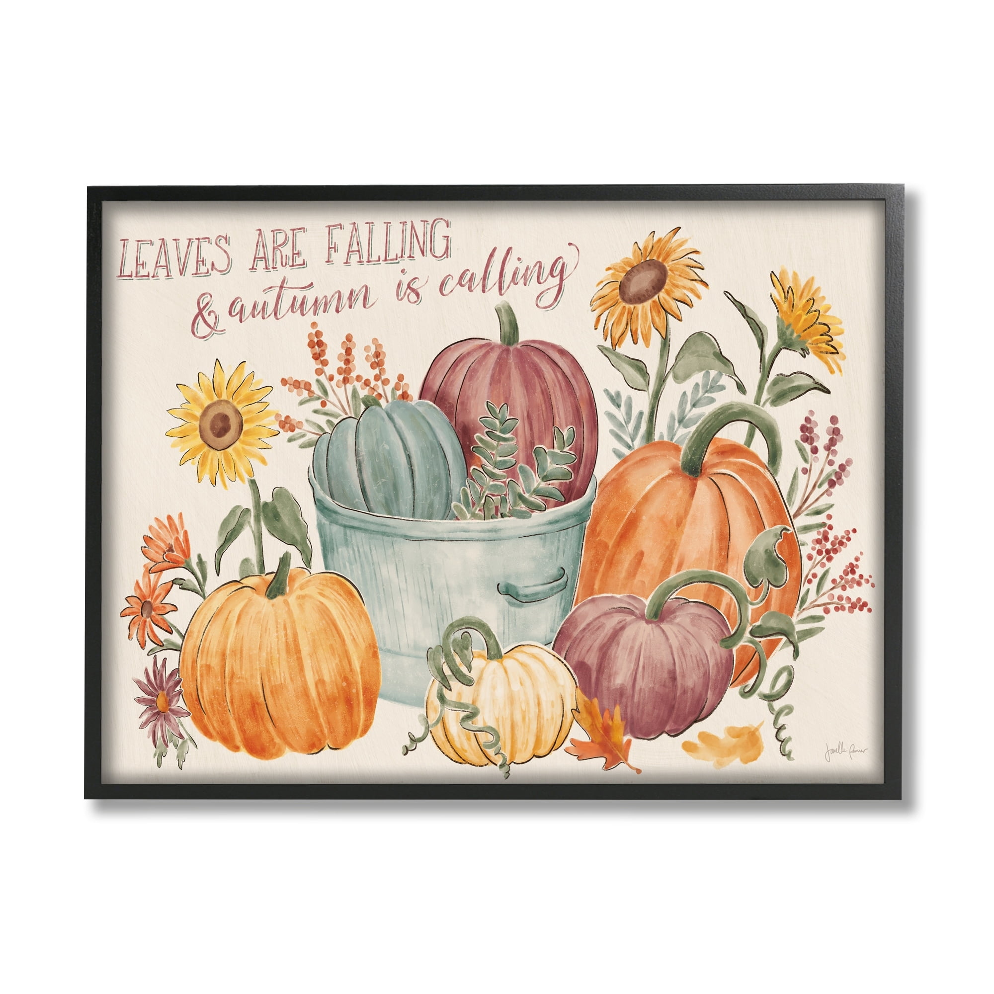 Autumn Is Calling Phrase Various Pumpkins Sunflowers Botanical & Floral Painting Framed Art Print Wall Art