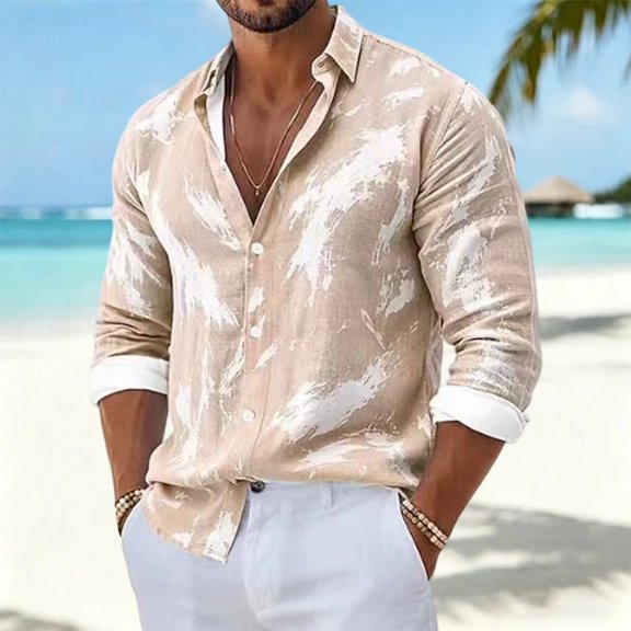 Kalauyu Mens Printed Long Sleeve Shirt Casual Button Down Tie Dye Style Top Tshirt for Vacation