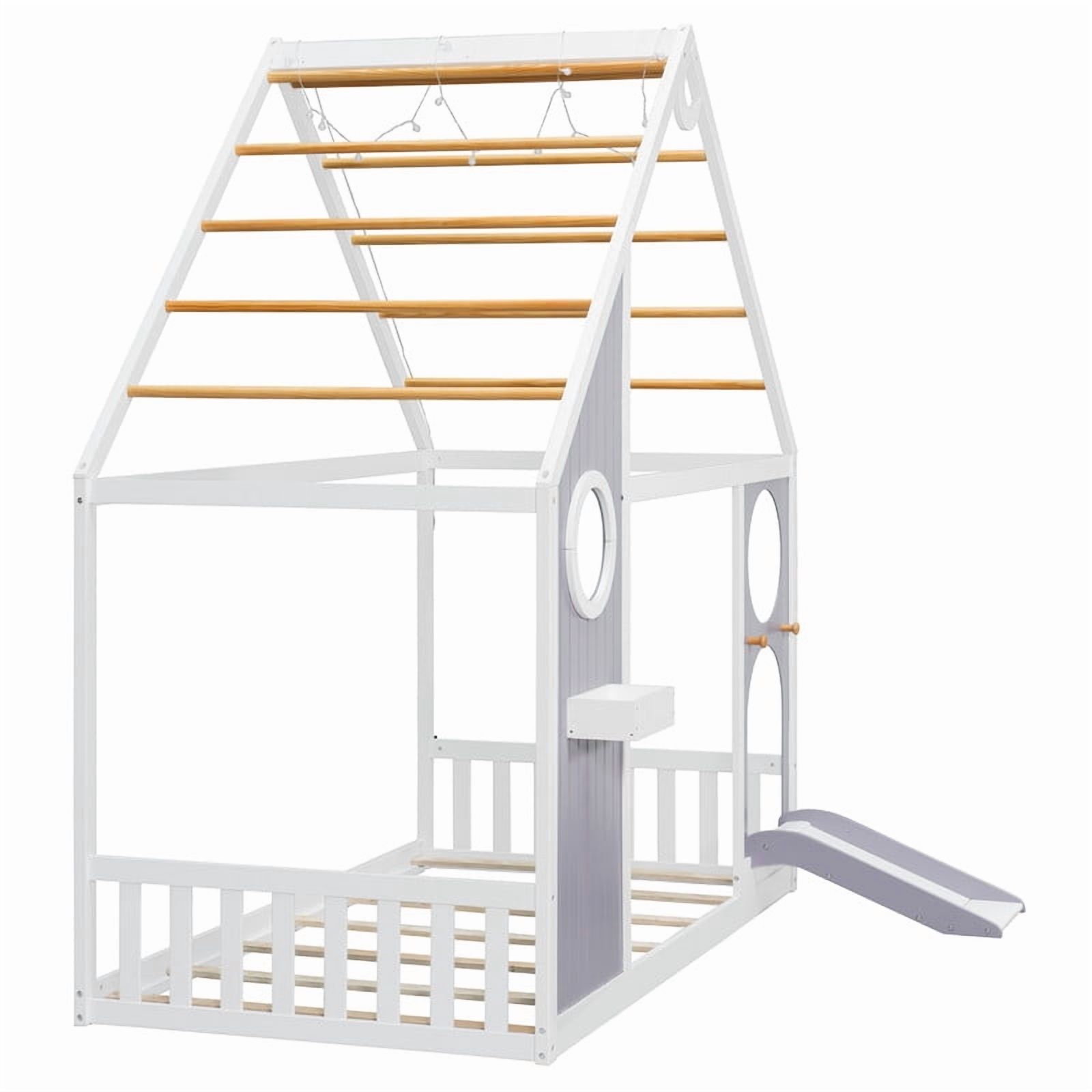 Twin Size Kids House Bed with Small Slide, Wooden Playhouse Floor Design Platform Bed Frame with Light Strip & Storage Shelf