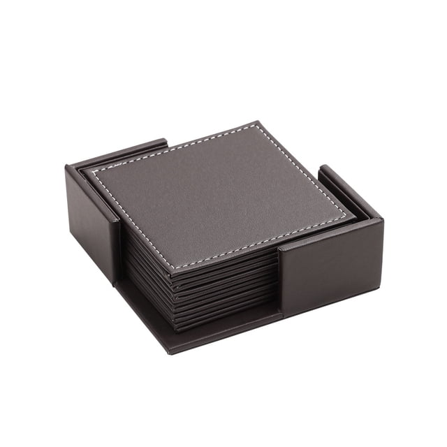 Zhuge Posavasos de cuero con soporte (paquete de 6), protegen los muebles de marcas de agua, rayones y daños (cuadrados, marrón)