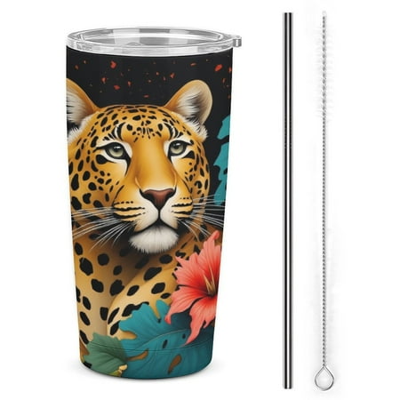 

20oz Insulated Stainless Steel Tumbler Leopard in Tropical Jungle Double Wall Vacuum Travel Coffee Mug