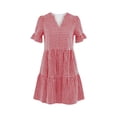 thumbnail image 3 of Bosfbaoi Summer Dresses for Women 2026 Notch V Neck Ruffle Short Sleeve Womens Dresses Loose Two Tier Gingham Mini Casual Dress with Side Pockets, 3 of 9