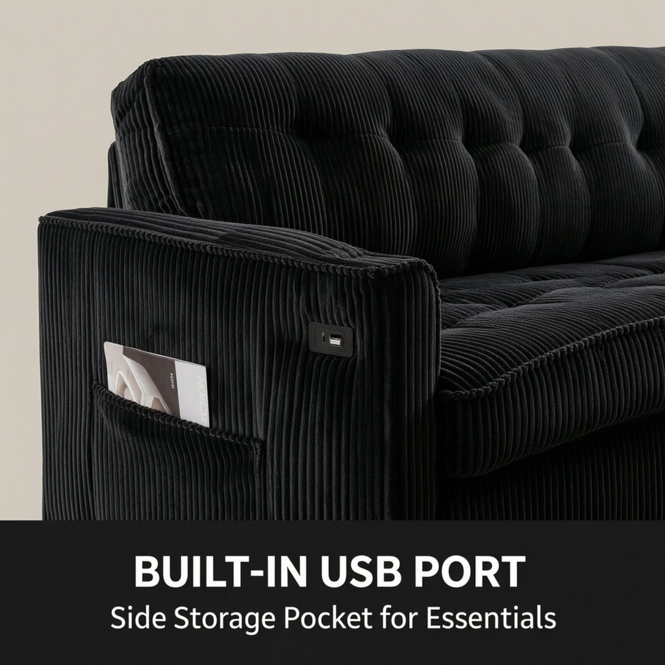 Vinform 54" Convertible Sleeper Sofa Bed, 3 in 1 Pull Out Loveseat with Arm Table and USB Port for Small Spaces, Corduroy, Black