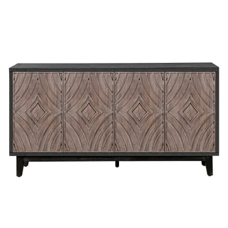 Mid Century Sideboard Buffet Cabinet Solid Wood Legs 60 Kitchen Storage Cabinet Credenza with 4 Convex pattern diamond Doors and 2 Shelves Accent Console Table for Living Room Entrance Hall(Brown)