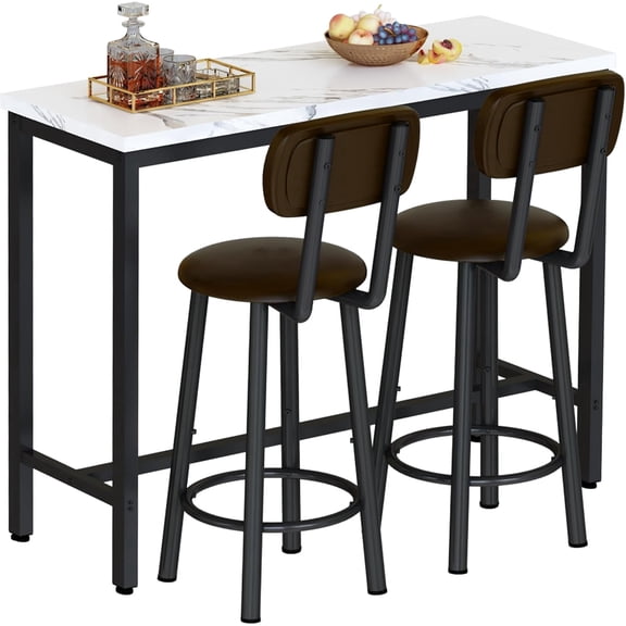 LinkRomat Bar Table Set,39.3" Bar Height Pub Table with 2 Upholstered Stools,Faux Marble Top Small Dining Set,Compact Kitchen Table for Small Spaces