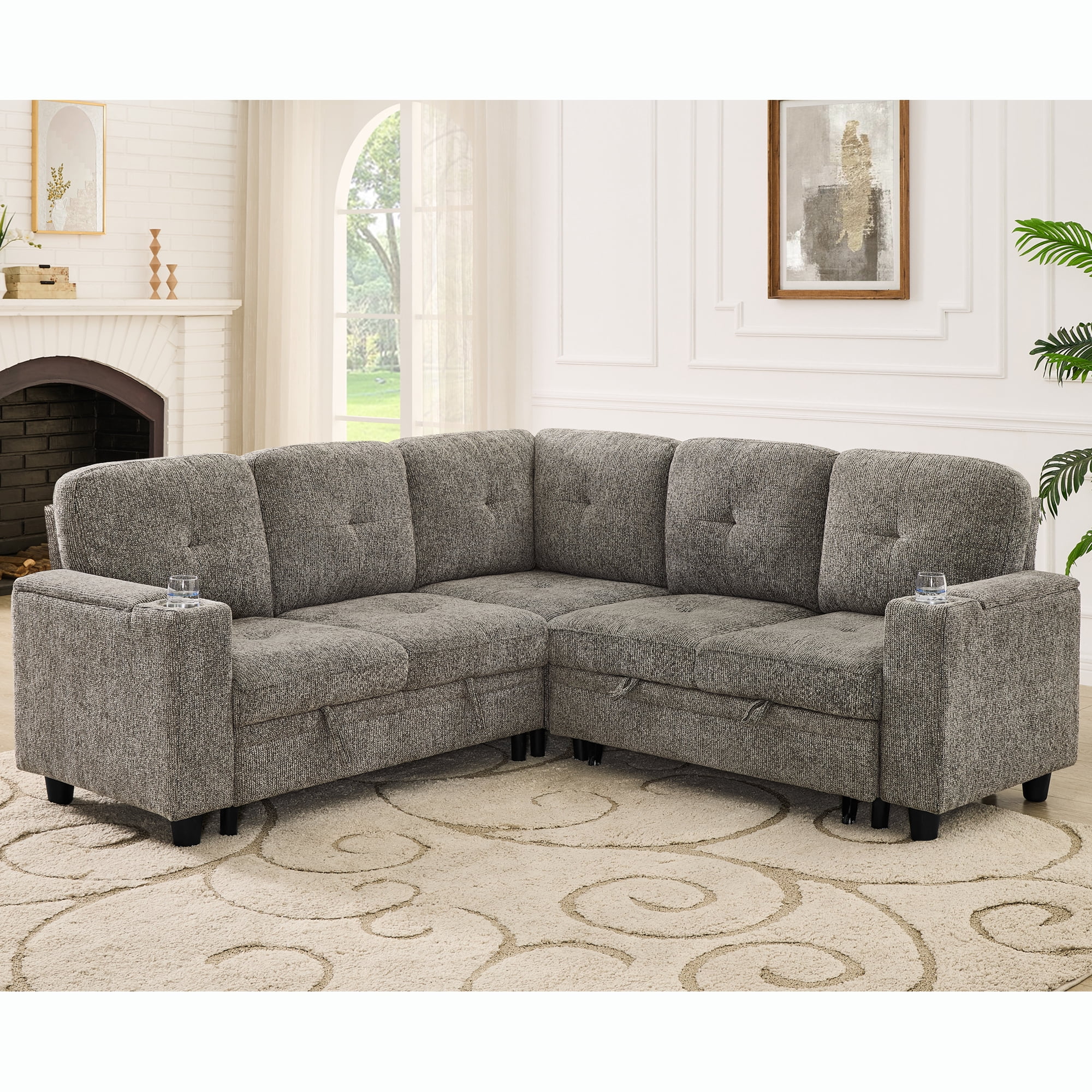 Howcool 81" Sectional Sleeper Sofa with Pull Out Bed, Modular L-Shaped Chenille Couch with Storage Chaise, USB Charging Ports & Cup Holders for Living Room, Apartment, Grey