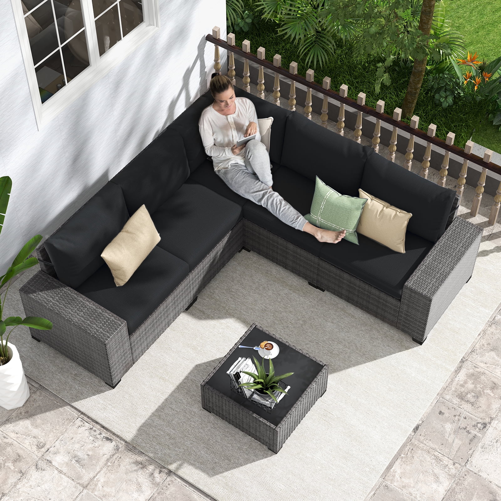 JOIVI 6 Pieces Patio Furniture Set with Coffee Table, Outdoor Wicker Rattan Sectional Sofa Conversation Set with Wide Armrest for Deck, Porch, Yard, Black