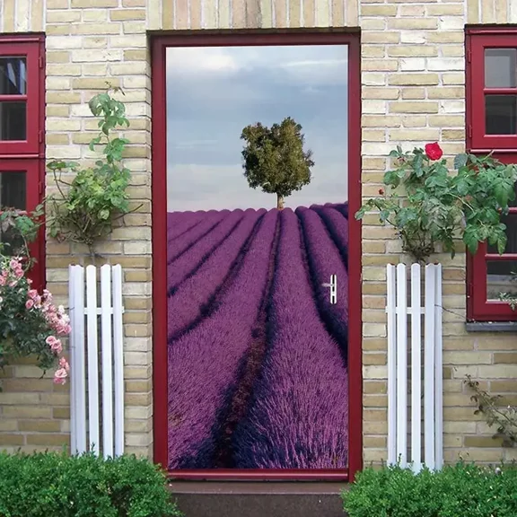 Purple Lavender Door Sticker Flower Field Sunset Decal Removable Beautiful Floral Mural Poster Wall