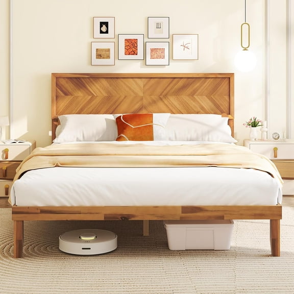 Wood Queen Bed Frame with Headboard, Solid Acacia Wood Platform Bed with 12 Strong Wooden Slat Support, Scandinavian Style Art Deco Queen Bed Frame, No Box Spring Needed, Rustic Brown