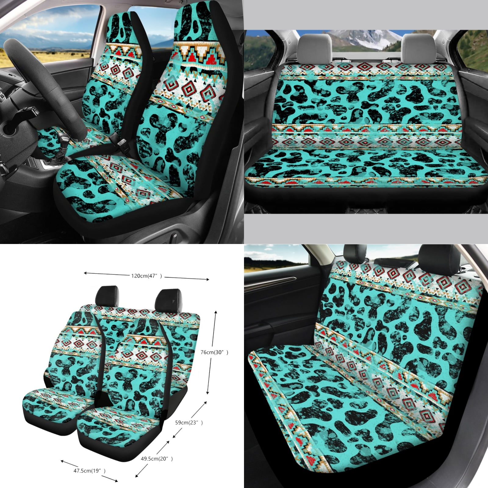 Garronmavis Aztec Cow Print 15 PCS Car Seat Cover Full Set 4 Pieces Car Seat Covers Steering Wheel Cover Keychain Car Trash Can Car Dash Accessories Auto Rear View Mirror Covers Cup Mats