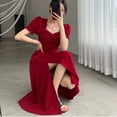 thumbnail image 5 of Solid Puff Short-Sleeved Elegant Slit Dress New Fashion Women V-neck Full Dresses Ladies High Waist Slim Evening Party Vestidos, 5 of 9